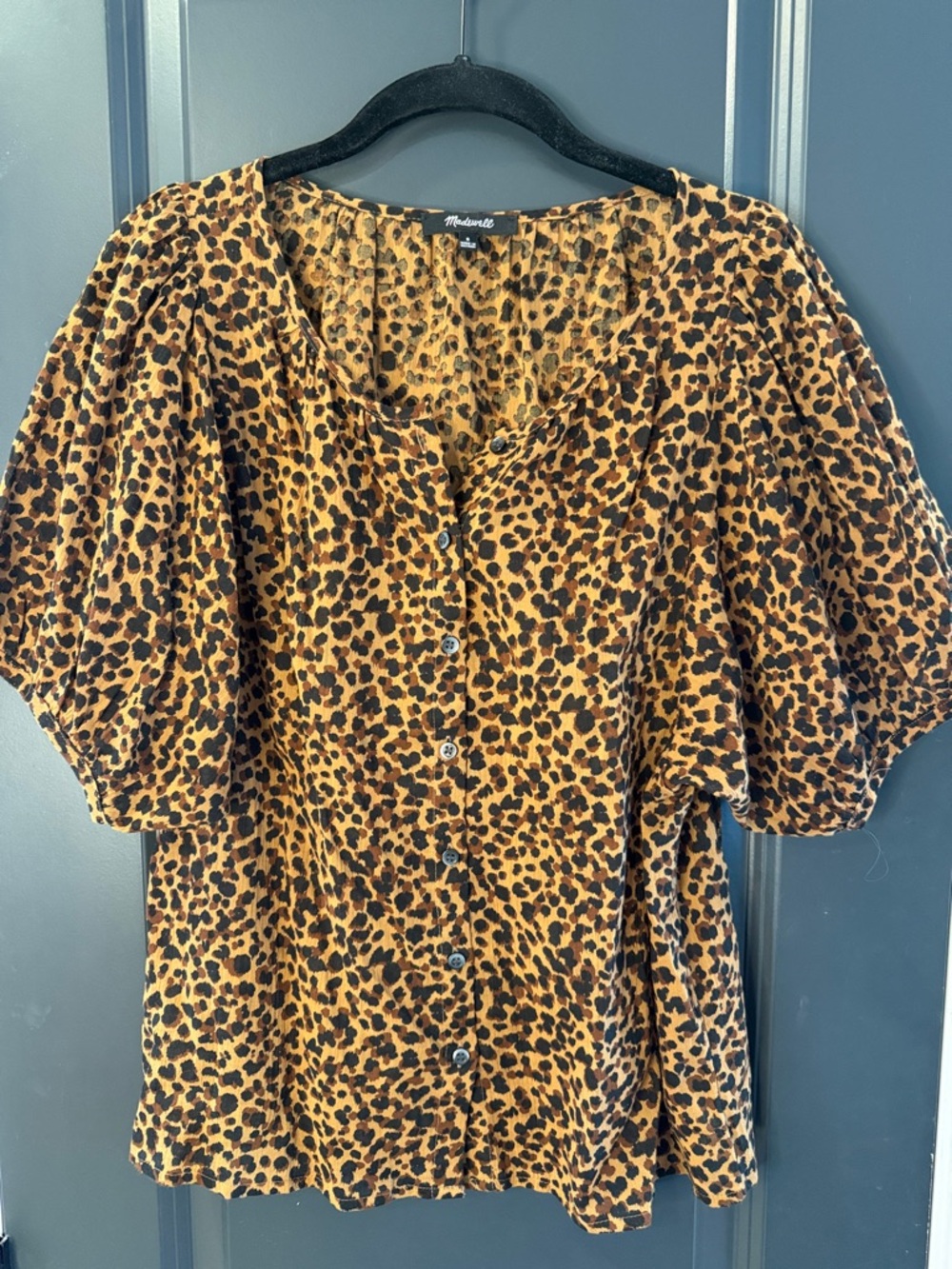 Madewell Leopard Puff Sleeve Button-Front Blouse - Brown/Black